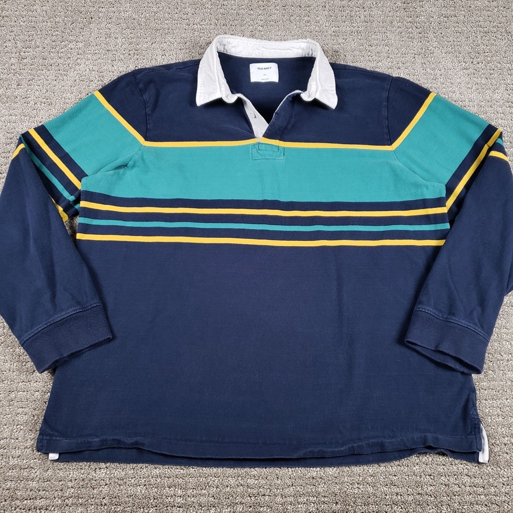 Old Navy Rugby Shirt Mens XXL Blue Green Stripe Heavy Polo Long sleeve Y2K